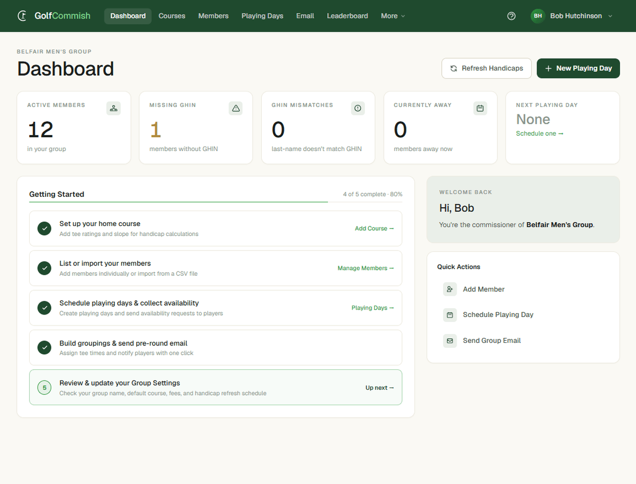 The commissioner dashboard — your whole playing week at a glance.