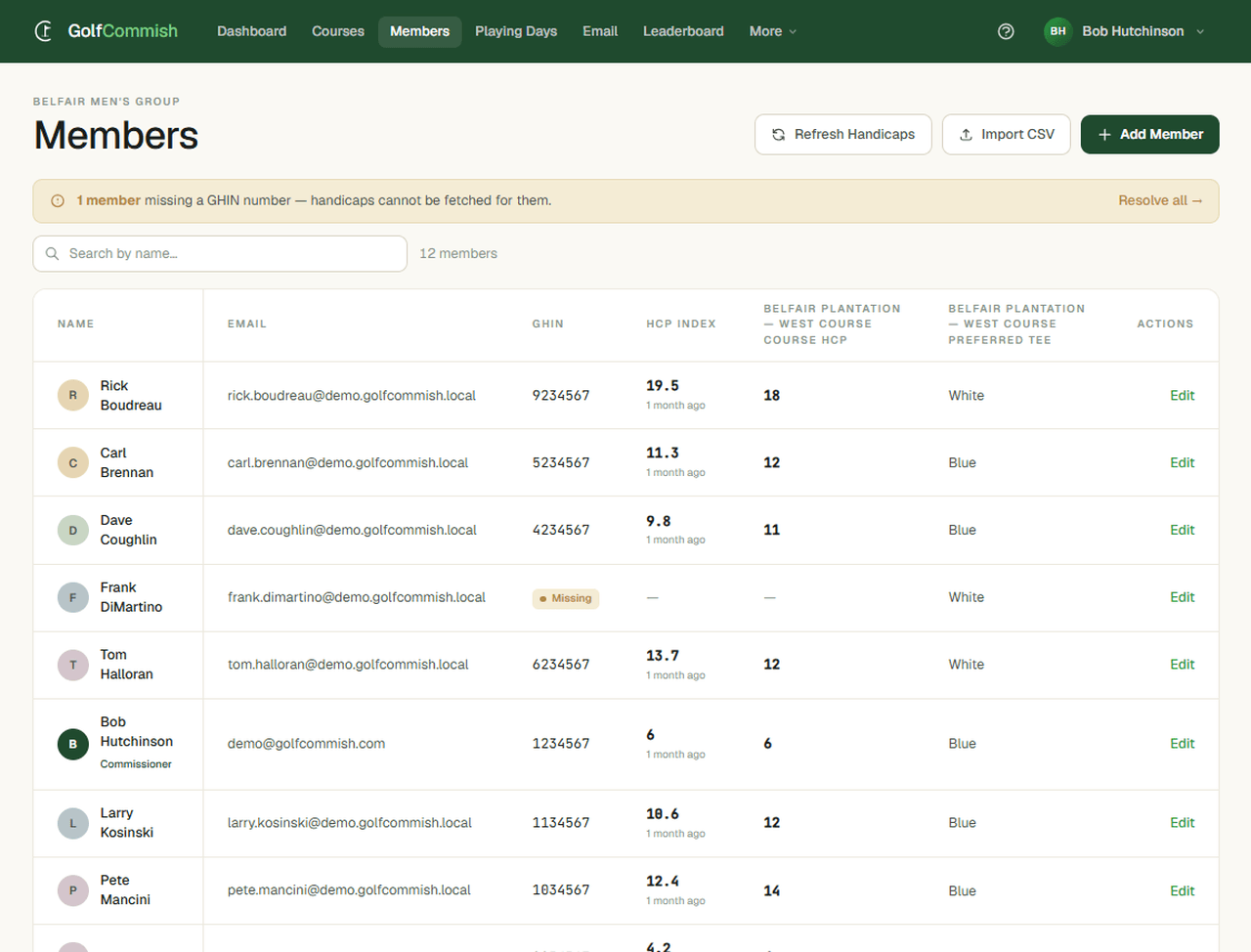 Your full roster — GHIN numbers, live handicap indexes, and preferred tees in one place.