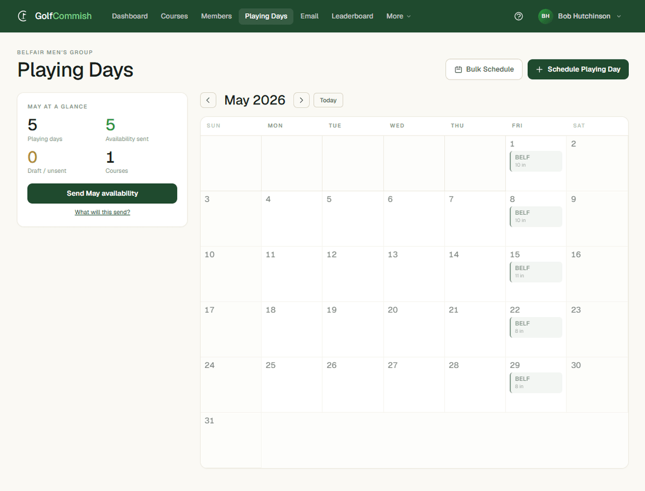 Schedule the season on a calendar — availability rolls up on every playing day.